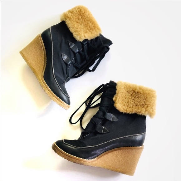 wedge ankle boots with fur trim